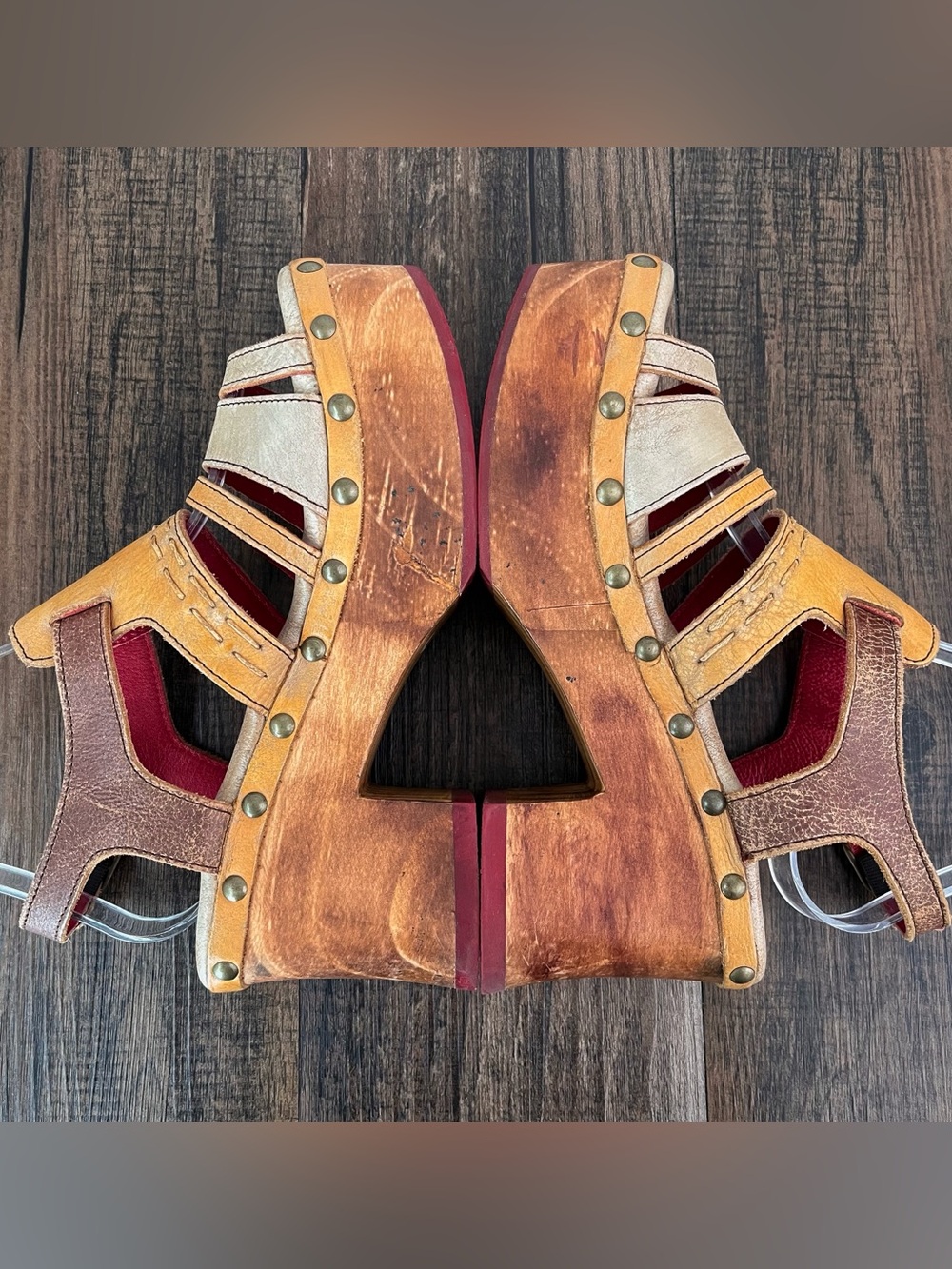 Bed Stu Falabella Leather Platform Sandal Wood Block Heel Studded Size 8.5 Multi - Picture 7 of 16